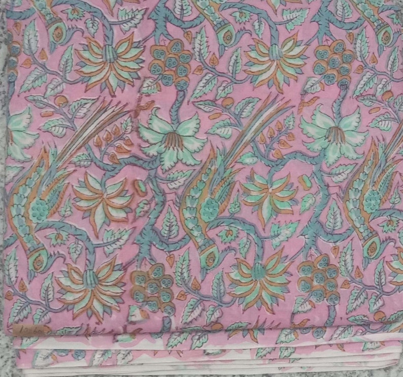5 Yard Light Pink At the price of surprise And Green Floral Printed Block Hand Limited Special Price Fab