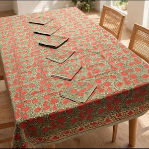 Sage Green And Red Floral Table Cloth With 6 Napkins - 60 × 90 Rectangular Cotton Hand Block Print