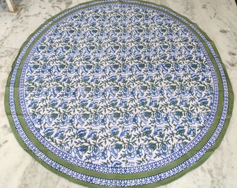 Hand Block Print Round Tablecloth: 120x120 Inches, Floral Cotton Table Cover