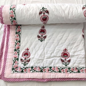 Indian Handmade Quilt Jaipuri Razai  Hand Block Printed quilt 90X108 inches (queen) Quilt 225x275 Cms Blanket Reversible comforter