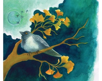 Avian Moon | Sparrow and Moon Art Print, 8"x8" Bird Print, Watercolor print, Teal Wall art, Giclée, Gingko leaf, Moon Art