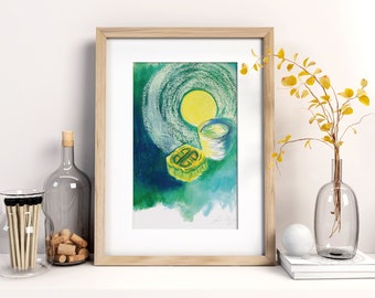 Mooncake and Tea Printable Wall Art, Teal /Yellow Art , Asian, Mid Autumn Moon Festival, Harvest Moon
