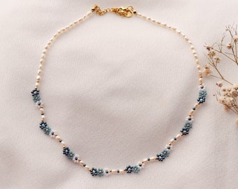 Aruba - handmade pearl necklace with freshwater pearls and blue flower details/gift idea for her/girlfriend/gift idea woman/mother's gift