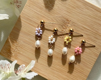 Handmade small earrings/plugs/studs with freshwater pearls and small flowers/gifts for kids/wife/gift for her/delicate earrings