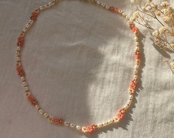 Aruba- handmade necklace with freshwater pearls & rosy flower details/gift idea girlfriend/handmade gifts/jewelry for her