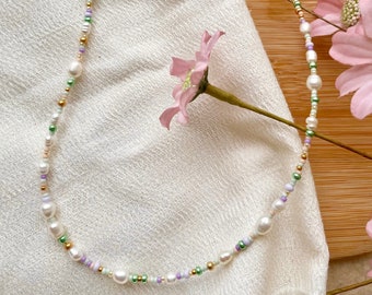 Handmade pearl necklace made of freshwater pearls in purple and green handmade pearl necklace/gift idea for her/gift idea for her/gift