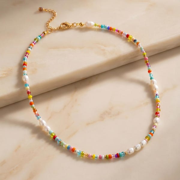 Collar de cuentas colorido hecho a mano con perlas de agua dulce/resistente al agua/collar colorido para mujer/collar colorido de verano/collar/idea de regalo para mujer