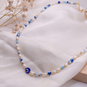 Handmade pearl necklace with Nazar eye and freshwater pearls/gift idea woman/necklace blue white/special necklace/gift idea woman/gift