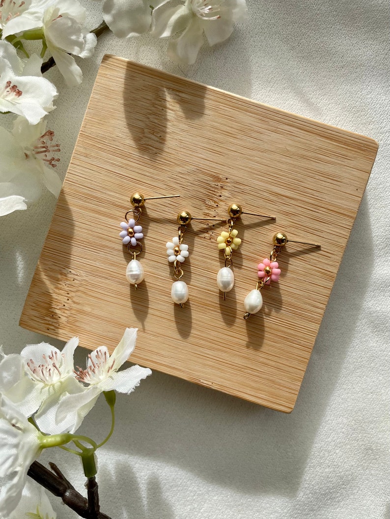 Handmade small earrings/plugs/studs with freshwater pearls and small flowers/gifts for kids/wife/gift for her/delicate earrings image 2