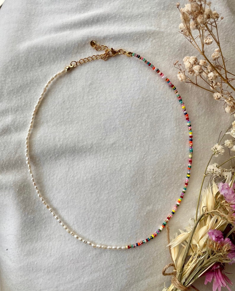 Aruba handmade, colorful mini freshwater pearl necklace/delicate pearl necklace/beaded choker/ summer necklace/ subtle necklace wife mom girlfriend image 1