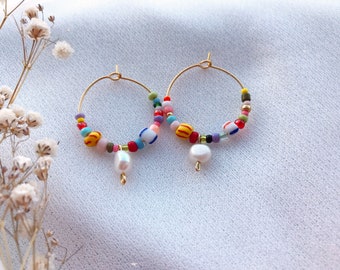 Handmade boho earrings with colorful beads & freshwater pearls/Hoop earrings/gift idea/colorful earrings/Boho Earrings/gift/gift idea girl