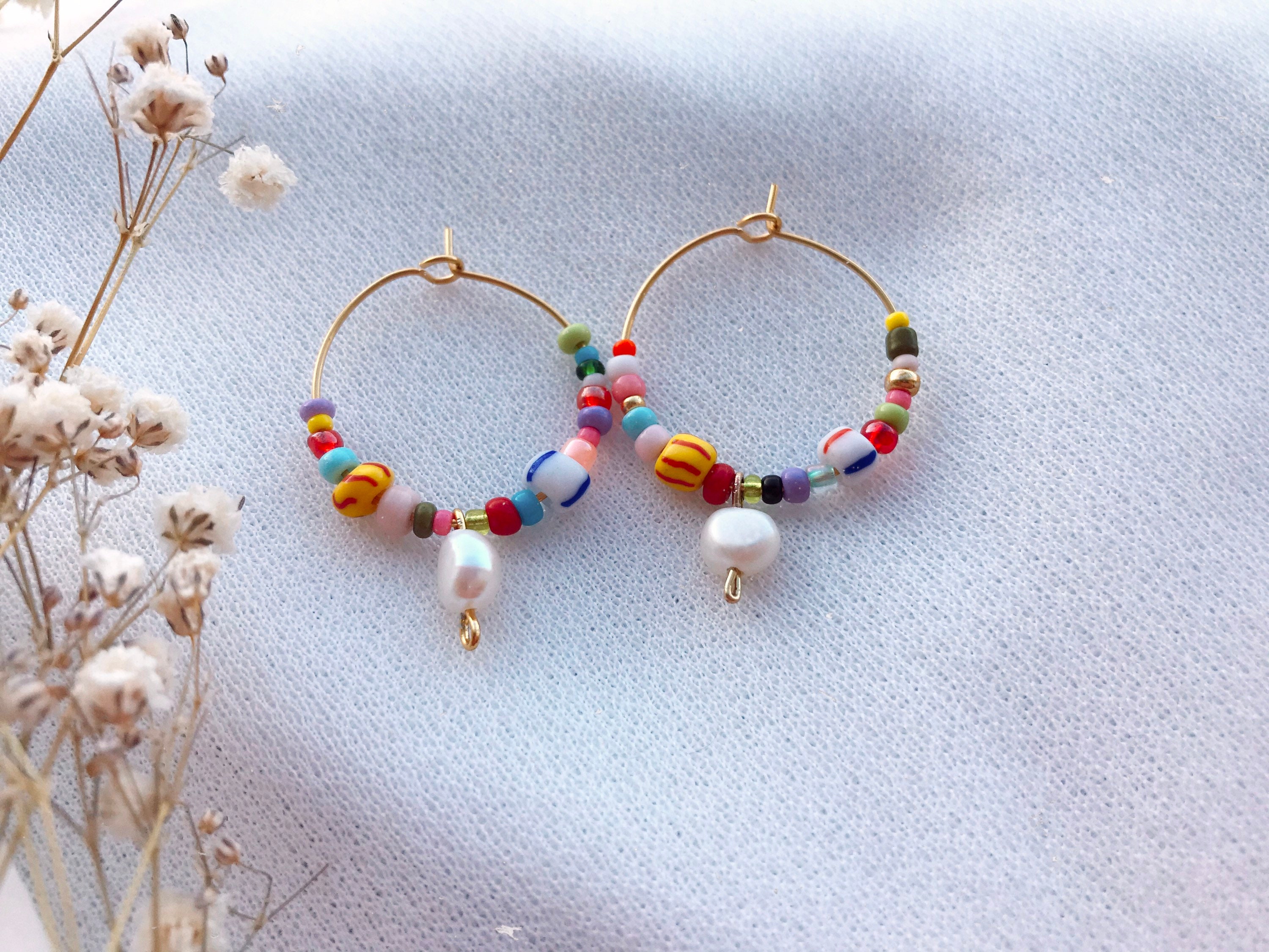 Handmade boho earrings with colorful beads & freshwater pearls/Hoop earrings/gift idea/colorful earrings/Boho Earrings/gift/gift idea girl