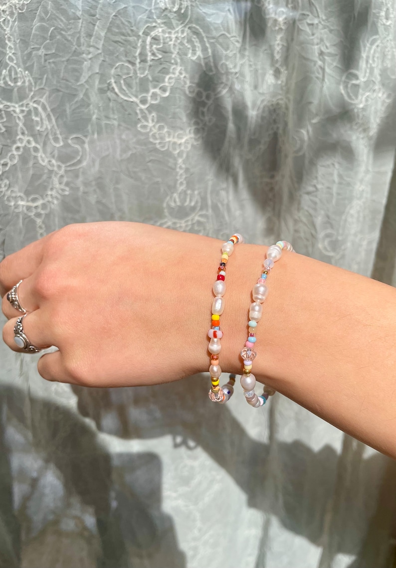 Handmade colorful pearl bracelets made of freshwater pearls/ pearl jewelry/ colorful jewelry/friendship bracelets/girlfriend gift/bracelets Set (beide) Silber