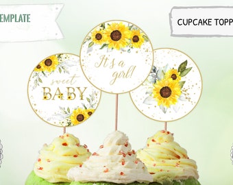 Editable Sunflower Baby Shower Cupcake Toppers, Floral Baby Shower Party Decoration Printable  Toppers, Its a girl Cupcake Toppers PM030
