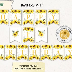 Sunflower Happy Birthday Banner, Editable Sunflower Birthday Party ...