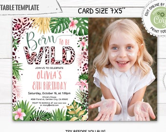 Pink Leopard Print Photo Birthday Girl Invitation, Editable Born to Be Wild Safari Birthday Invite, Jungle Birthday Digital Invite PM052