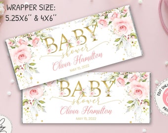 Editable Blush Pink Floral Baby Shower Candy Bar Label, Pink & Gold Chocolate Bar Wrapper 1.55oz, Baby Shower Girl Party Decoration PM010