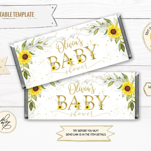 Editable Sunflowers Candy Bar Chocolate Wrapper, Printable Sunflowers Candy Bar Label, Sunflower Baby Shower Bar 1.55oz Wrapper PM030