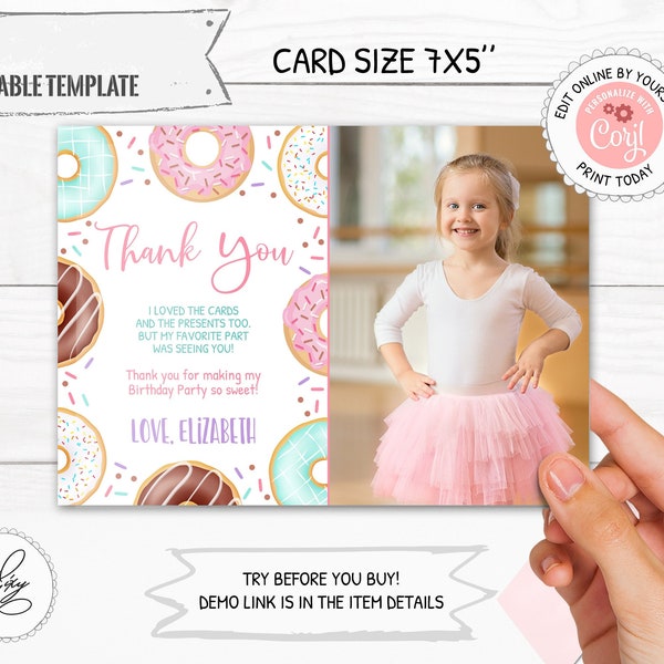 Editable Donut Thank You Card with Photo, Donut Thank You Note, Girl Birthday Party  PM012