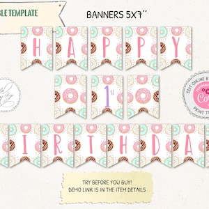 Donut Happy Birthday Banner, Editable Donut Birthday Party Decoration ...