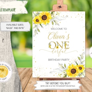 Editable Miss Onederful Sunflower 1st Birthday Girl Welcome Sign, Printable Sunflower Party Decoration Boho Welcome Poster, PM030