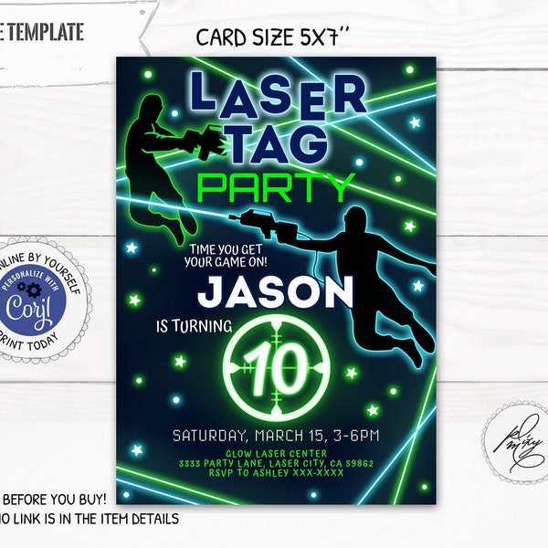 Laser Tag Party Birthday Invitation, Editable Boys Birthday Invite, Neon Glow Laser Party Invitation, Laser Tag Game Party Invitation PM045