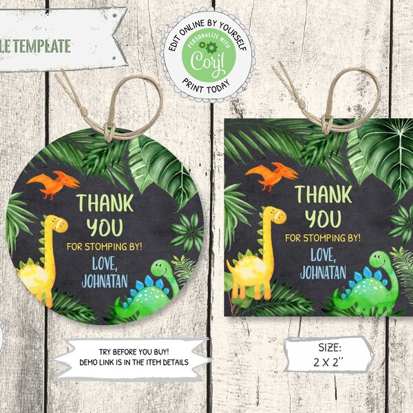 Dinosaur Favor Tag, Dinosaur Thank You Tag, Editable Birthday Party Decoration, Dinosaur Treat Tag, Dinosaur Round/Square Gift Tag, PM029