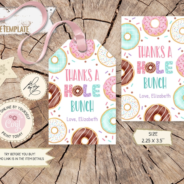 Donut Favor tag, Donut Thank You Tag, Donut Gift Tag, Editable Donut Treat Tag, Donut Birthday Party Decoration, Doughnut Gift Tag PM012