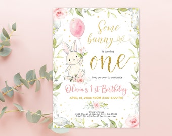 Some Bunny Birthday Girl Invitation, Editable Floral Little Bunny & Balloon 1st Birthday Invitation, Boho Bunny Party Girl Invite PM053