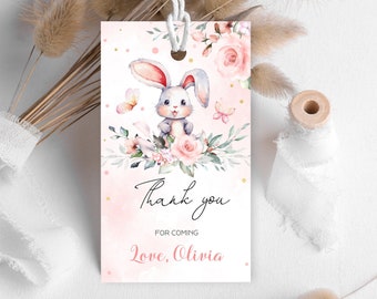 Editable Some Bunny Favor Tag, Floral Bunny Thank You Tag, Boho Bunny Gift Tag, Woodland Animals Birthday Party Decoration PM073