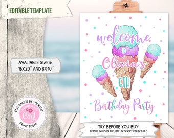 Ice Cream Birthday Welcome Sign, Editable Ice Cream Welcome Poster, Any Age Birthday Decoration, Ice Cream Party Sign, Summer Birthday PM026