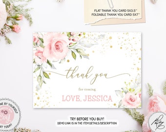 Editable Blush Pink Floral Thank you Card, Baby Shower Girl Thank You Note, Pink Floral & Gold Insert Card, Boho Thank You, PM010