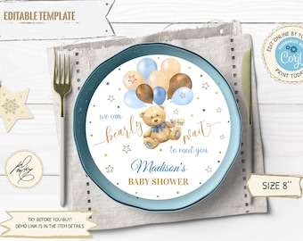 Editable Teddy Bear Baby Shower Charger Plate Insert, Blue & Gold Teddy Bear Baby Shower Party Decoration, Teddy Bear Thank you Insert PM035