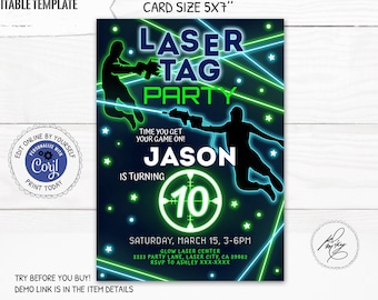 Laser Tag Party Birthday Invitation, Editable Boys Birthday Invite, Neon Glow Laser Party Invitation, Laser Tag Game Party Invitation PM045