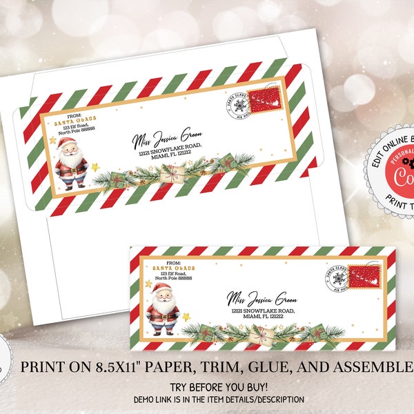 Editable Santa Envelope Template, Printable Santa Claus Envelope Personalized Address,  Christmas North Pole Mail Envelope PM036