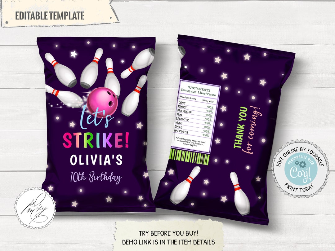 Editable Bowling Birthday Boy Chip Bag Wrapper, Rainbow Bowling Treat