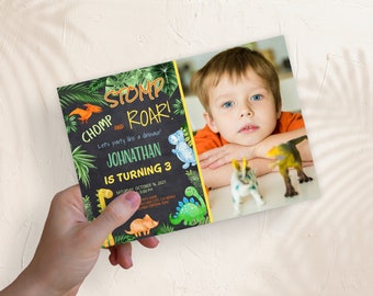 Dinosaur Birthday Boy Invitation with Photo, Editable Dino Birthday Invitation, Prehistoric Theme, Any Age Birthday Dinosaur Party  PM029