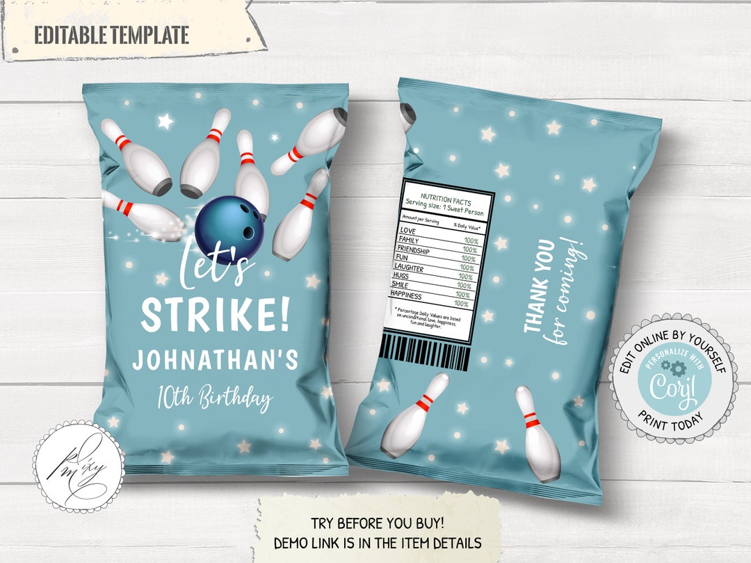 Editable Bowling Birthday Boy Chip Bag Wrapper, Blue Bowling Treat Bag