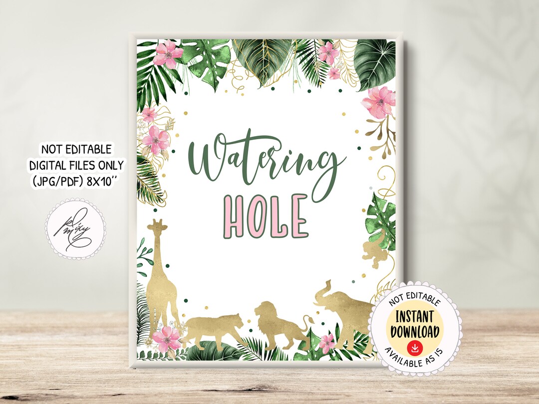 Safari Watering Hole Sign, Gold Safari Drink Sign, Jungle Animals Birthday Table Decoration ...