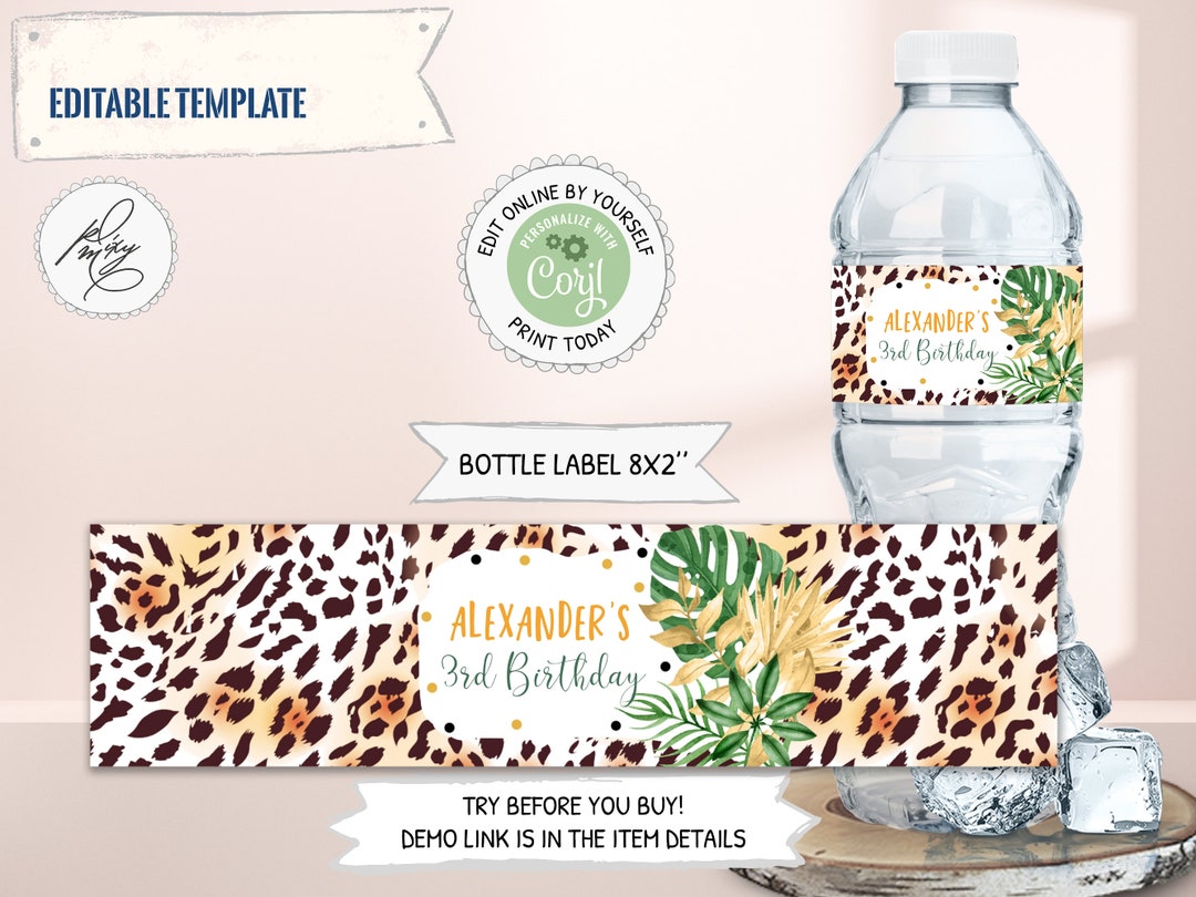 Editable Leopard Print Water Bottle Label , Safari Birthday Drink ...