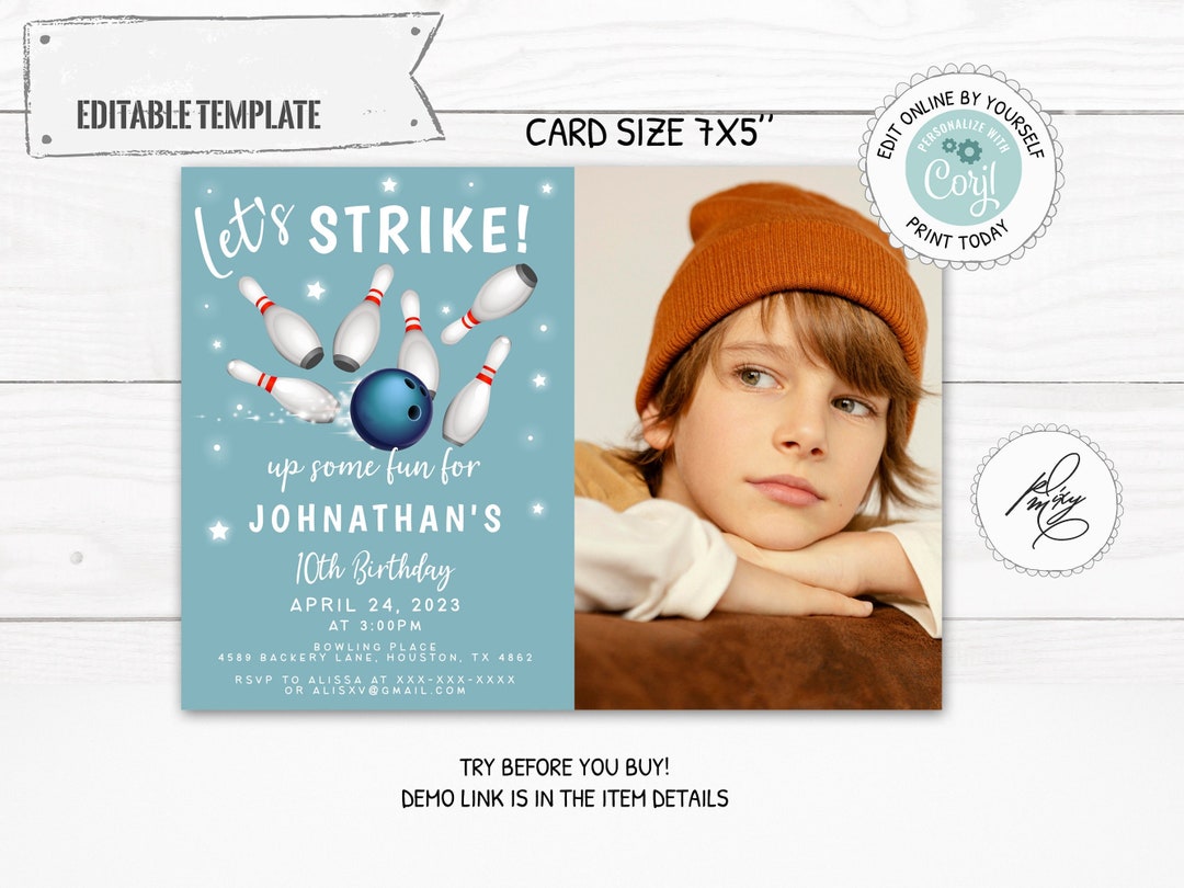 Editable Bowling Photo Birthday Invitation for Boys, Let's Strike up