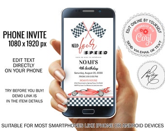 Need Four Speed Red Race Car 4th Birthday Smartphone Evite, Editable Racing Car Phone Text Invite, Red Race Birthday Boy Party Invite PM055