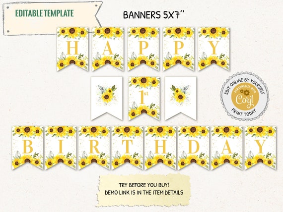 Sunflower Happy Birthday Banner Editable Sunflower Birthday - Etsy