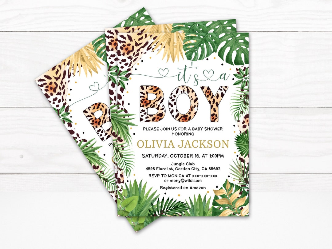 Editable Leopard Print Baby Shower Invitation, It's a Boy Safari Baby