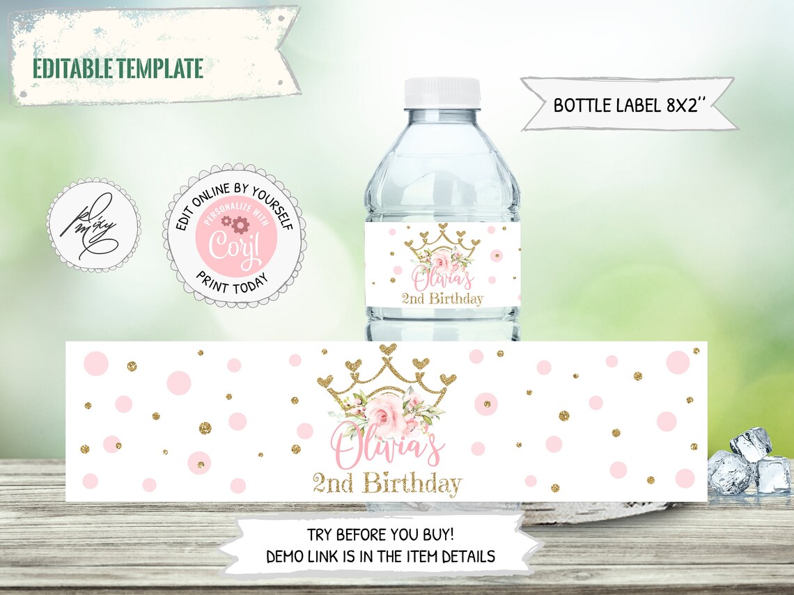 Princess Water Bottle Label Editable Template Princess - Etsy