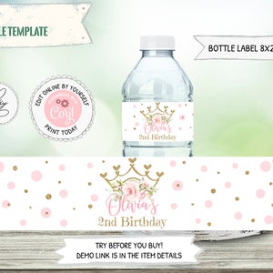 Princess Water Bottle Label Editable Template, Princess Birthday Party ...