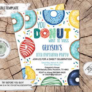 Editable Donut Birthday Invitation, Donut Want To Miss Invitation, Any Age Donut Birthday Party Invitation, Donut Sweet Celebration PM012