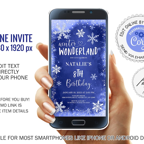 Winter Wonderland Birthday Girl or Boy Smartphone Evite, Editable Blue Snowflakes Birthday Invitation, Electronic Winter Invitation,  PM046