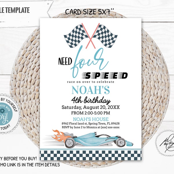 Editable Need Four Speed Blue Race Car 4th Birthday Invitation, Racing Car 4th Birthday Boy Party Invitation, Blue Car Racing Invite PM055