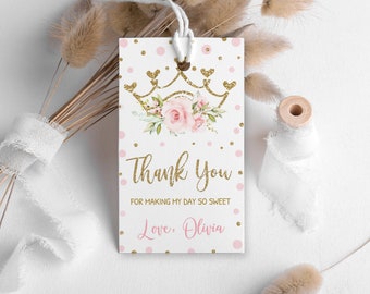 Editable Princess Birthday Favor tag, Pink Floral Princess Thank You Tag, Printable Fairytale Princess Party Favors Decoration, PM013